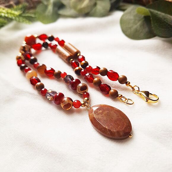 Brown Jasper & Red Jade Beaded Pendant Necklace - 24k Gold Plated Stainless - Picture 10 of 16
